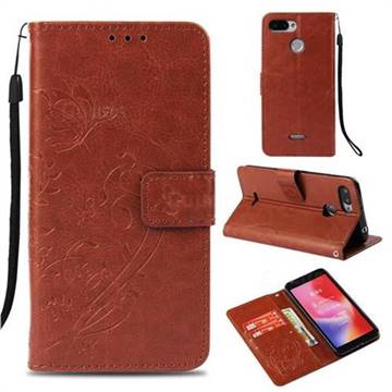 Embossing Butterfly Flower Leather Wallet Case for Mi Xiaomi Redmi 6 - Brown