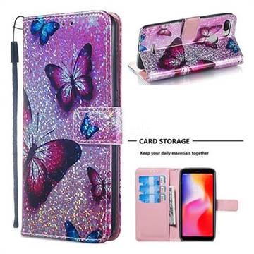 Blue Butterfly Sequins Painted Leather Wallet Case for Mi Xiaomi Redmi 6