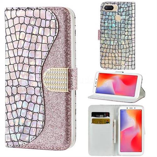 Glitter Diamond Buckle Laser Stitching Leather Wallet Phone Case for Mi Xiaomi Redmi 6 - Pink