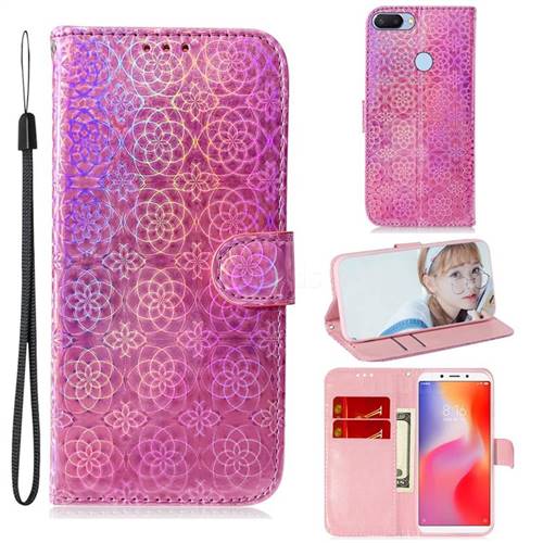 Laser Circle Shining Leather Wallet Phone Case for Mi Xiaomi Redmi 6 - Pink