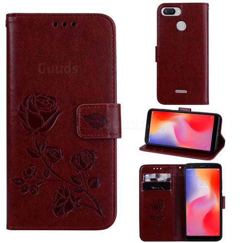 Embossing Rose Flower Leather Wallet Case for Mi Xiaomi Redmi 6 - Brown