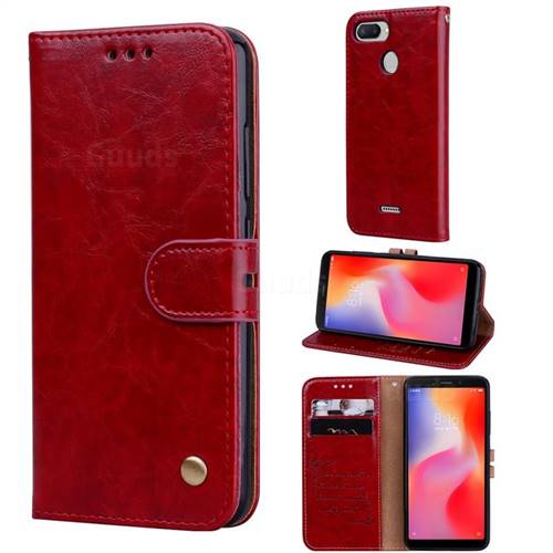 Luxury Retro Oil Wax PU Leather Wallet Phone Case for Mi Xiaomi Redmi 6 - Brown Red