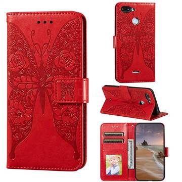 Intricate Embossing Rose Flower Butterfly Leather Wallet Case for Mi Xiaomi Redmi 6 - Red