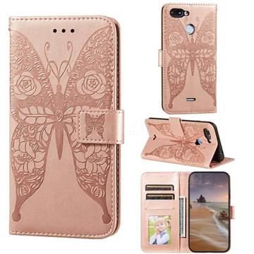 Intricate Embossing Rose Flower Butterfly Leather Wallet Case for Mi Xiaomi Redmi 6 - Rose Gold