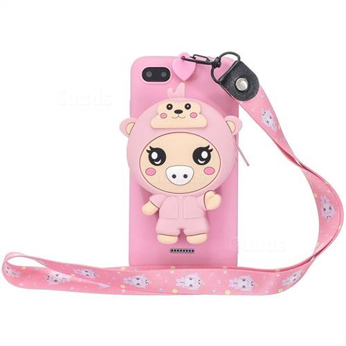 Pink Pig Neck Lanyard Zipper Wallet Silicone Case for Mi Xiaomi Redmi 6A