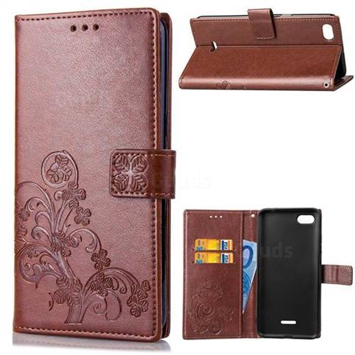 Embossing Imprint Four-Leaf Clover Leather Wallet Case for Mi Xiaomi Redmi 6A - Brown