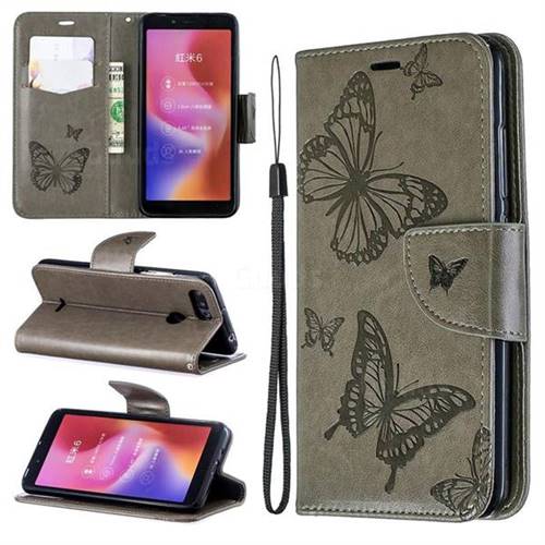 Embossing Double Butterfly Leather Wallet Case for Mi Xiaomi Redmi 6A - Gray