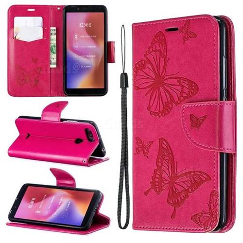 Embossing Double Butterfly Leather Wallet Case for Mi Xiaomi Redmi 6A - Red
