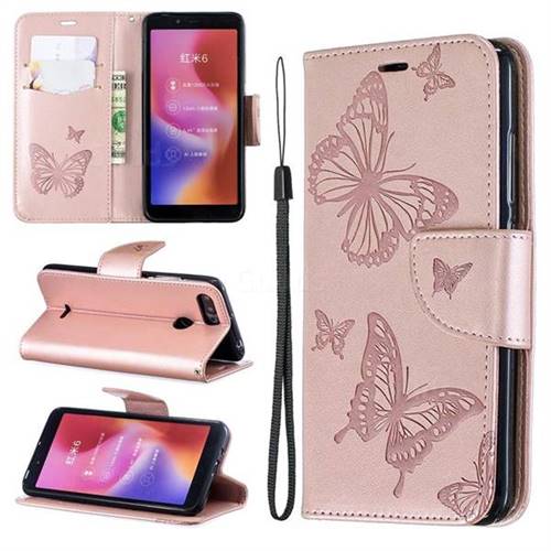 Embossing Double Butterfly Leather Wallet Case for Mi Xiaomi Redmi 6A - Rose Gold