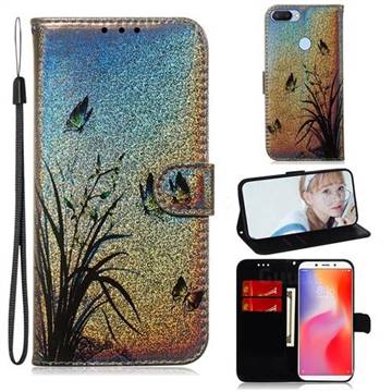 Butterfly Orchid Laser Shining Leather Wallet Phone Case for Mi Xiaomi Redmi 6A