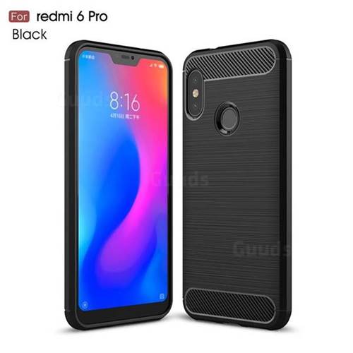 Luxury Carbon Fiber Brushed Wire Drawing Silicone TPU Back Cover for Xiaomi Mi A2 Lite (Redmi 6 Pro) - Black