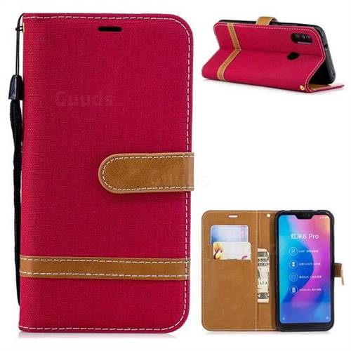 Jeans Cowboy Denim Leather Wallet Case for Xiaomi Mi A2 Lite (Redmi 6 Pro) - Red