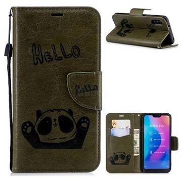 Embossing Hello Panda Leather Wallet Phone Case for Xiaomi Mi A2 Lite (Redmi 6 Pro) - Olive Green