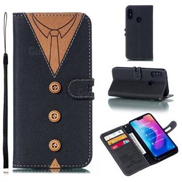 Mens Button Clothing Style Leather Wallet Phone Case for Xiaomi Mi A2 Lite (Redmi 6 Pro) - Black
