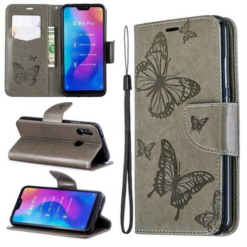 Embossing Double Butterfly Leather Wallet Case for Xiaomi Mi A2 Lite (Redmi 6 Pro) - Gray