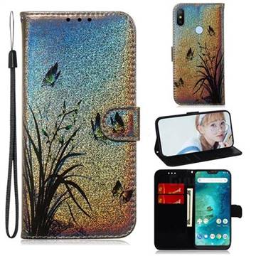 Butterfly Orchid Laser Shining Leather Wallet Phone Case for Xiaomi Mi A2 Lite (Redmi 6 Pro)