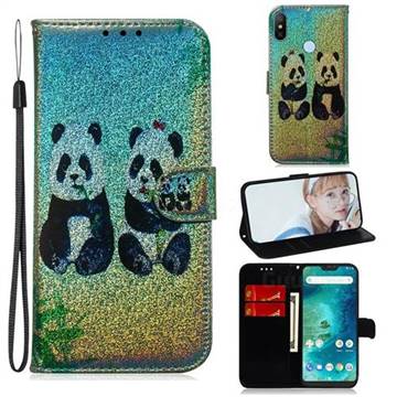 Two Pandas Laser Shining Leather Wallet Phone Case for Xiaomi Mi A2 Lite (Redmi 6 Pro)