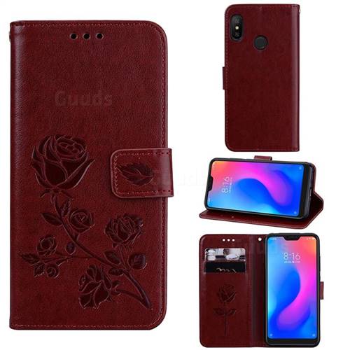 Embossing Rose Flower Leather Wallet Case for Xiaomi Mi A2 Lite (Redmi 6 Pro) - Brown
