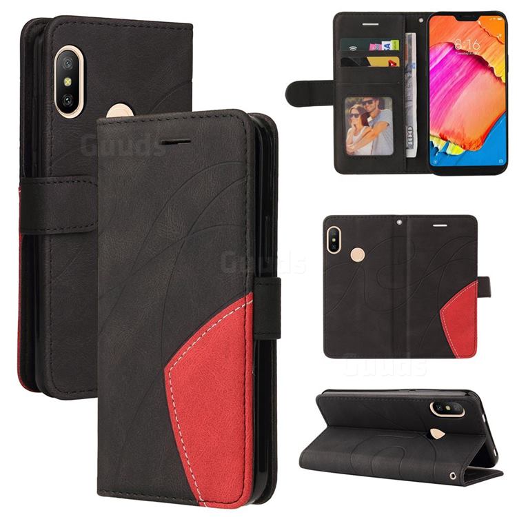 Luxury Two-color Stitching Leather Wallet Case Cover for Xiaomi Mi A2 Lite (Redmi 6 Pro) - Black