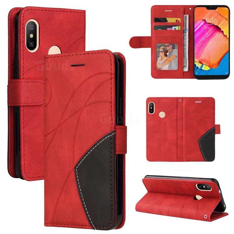 Luxury Two-color Stitching Leather Wallet Case Cover for Xiaomi Mi A2 Lite (Redmi 6 Pro) - Red