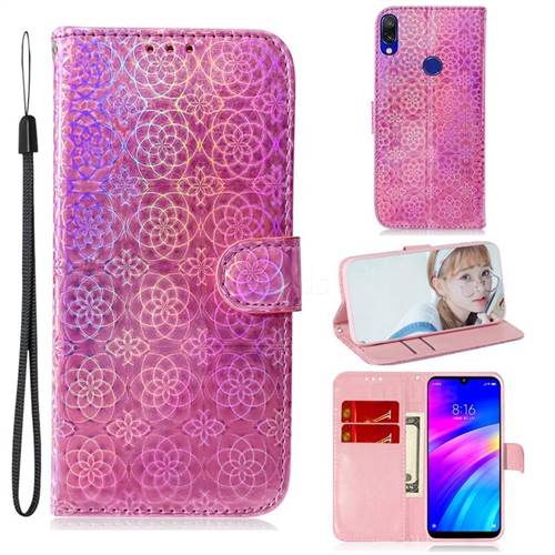 Laser Circle Shining Leather Wallet Phone Case for Mi Xiaomi Redmi 7 - Pink