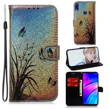Butterfly Orchid Laser Shining Leather Wallet Phone Case for Mi Xiaomi Redmi 7