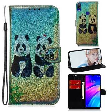 Two Pandas Laser Shining Leather Wallet Phone Case for Mi Xiaomi Redmi 7