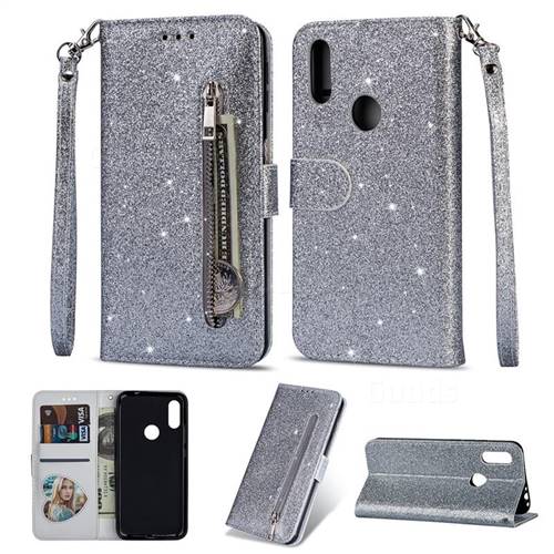 Glitter Shine Leather Zipper Wallet Phone Case for Mi Xiaomi Redmi 7 - Silver