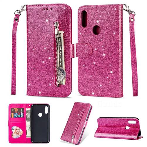 Glitter Shine Leather Zipper Wallet Phone Case for Mi Xiaomi Redmi 7 - Rose