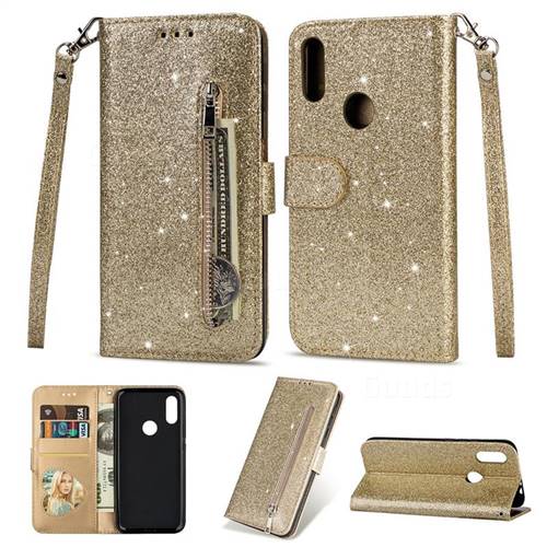 Glitter Shine Leather Zipper Wallet Phone Case for Mi Xiaomi Redmi 7 - Gold