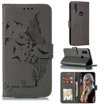 Intricate Embossing Lychee Feather Bird Leather Wallet Case for Mi Xiaomi Redmi 7 - Gray
