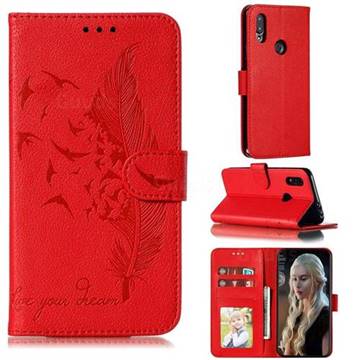 Intricate Embossing Lychee Feather Bird Leather Wallet Case for Mi Xiaomi Redmi 7 - Red