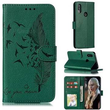 Intricate Embossing Lychee Feather Bird Leather Wallet Case for Mi Xiaomi Redmi 7 - Green