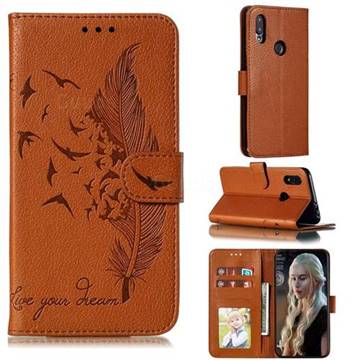 Intricate Embossing Lychee Feather Bird Leather Wallet Case for Mi Xiaomi Redmi 7 - Brown
