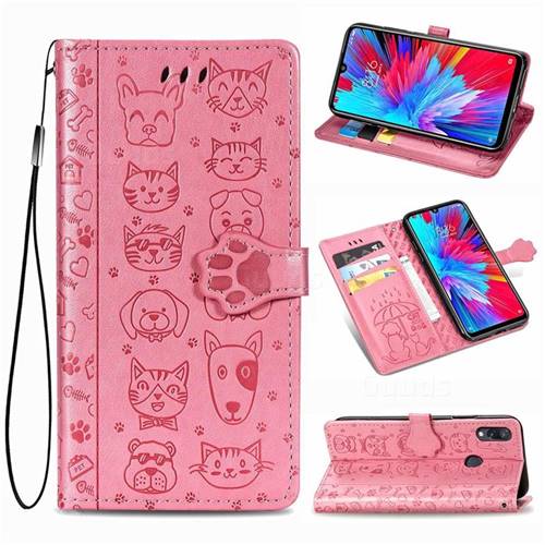 Embossing Dog Paw Kitten and Puppy Leather Wallet Case for Mi Xiaomi Redmi 7 - Pink