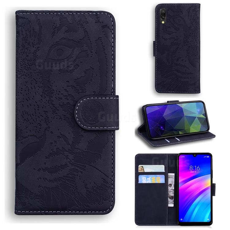Intricate Embossing Tiger Face Leather Wallet Case for Mi Xiaomi Redmi 7 - Black