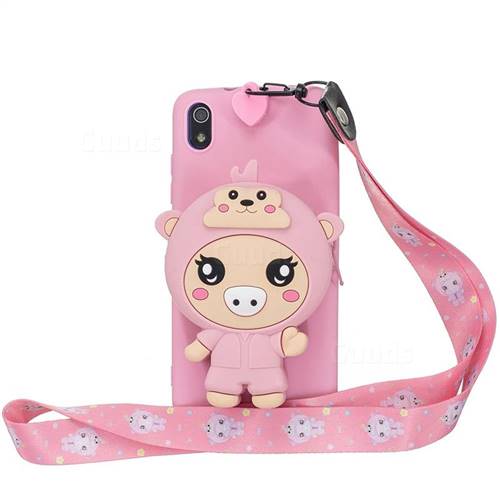Pink Pig Neck Lanyard Zipper Wallet Silicone Case for Mi Xiaomi Redmi 7A
