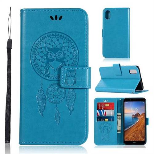 Intricate Embossing Owl Campanula Leather Wallet Case for Mi Xiaomi Redmi 7A - Blue