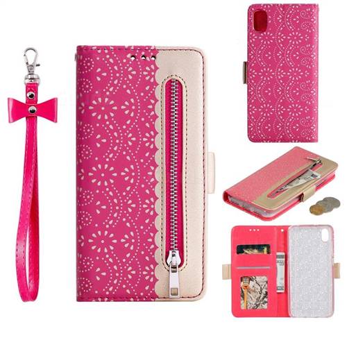 Luxury Lace Zipper Stitching Leather Phone Wallet Case for Mi Xiaomi Redmi 7A - Rose