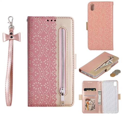 Luxury Lace Zipper Stitching Leather Phone Wallet Case for Mi Xiaomi Redmi 7A - Pink