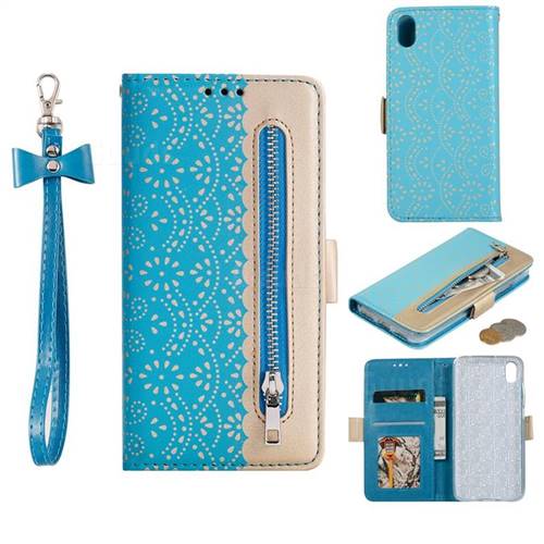 Luxury Lace Zipper Stitching Leather Phone Wallet Case for Mi Xiaomi Redmi 7A - Blue