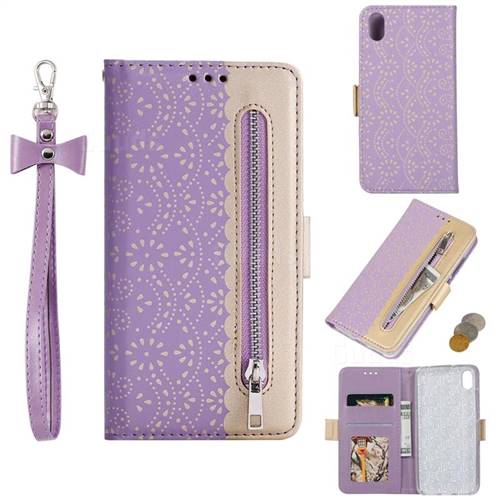 Luxury Lace Zipper Stitching Leather Phone Wallet Case for Mi Xiaomi Redmi 7A - Purple