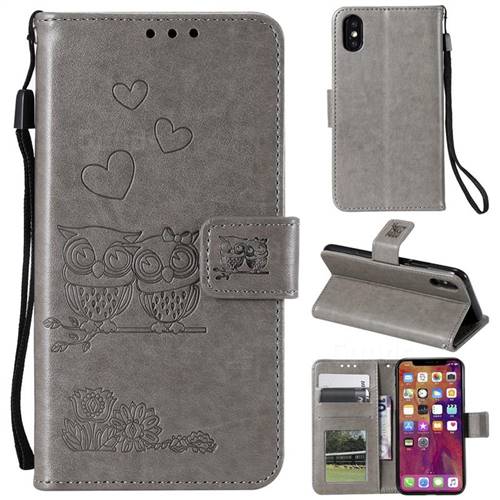 Embossing Owl Couple Flower Leather Wallet Case for Mi Xiaomi Redmi 7A - Gray