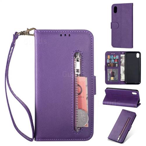 Retro Calfskin Zipper Leather Wallet Case Cover for Mi Xiaomi Redmi 7A - Purple