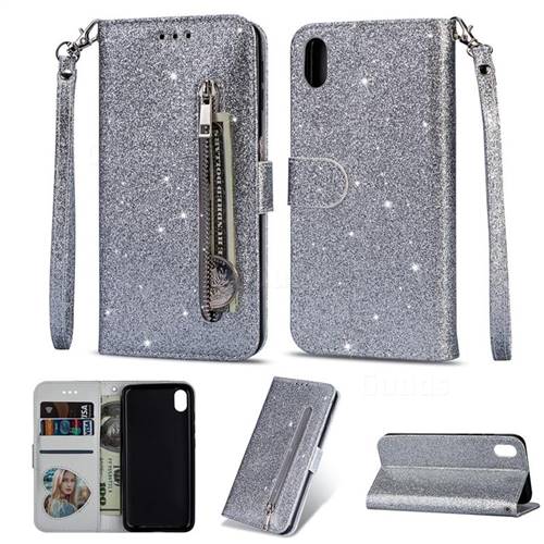 Glitter Shine Leather Zipper Wallet Phone Case for Mi Xiaomi Redmi 7A - Silver