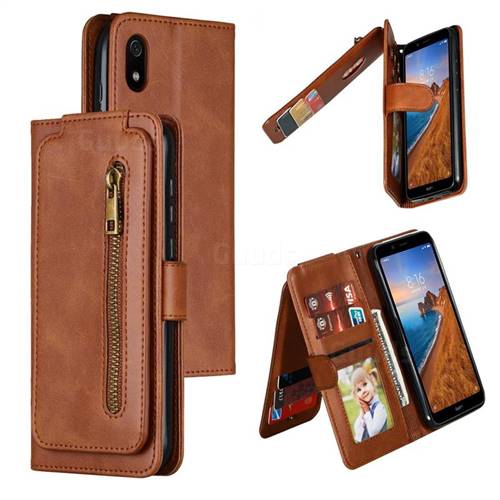 Multifunction 9 Cards Leather Zipper Wallet Phone Case for Mi Xiaomi Redmi 7A - Brown