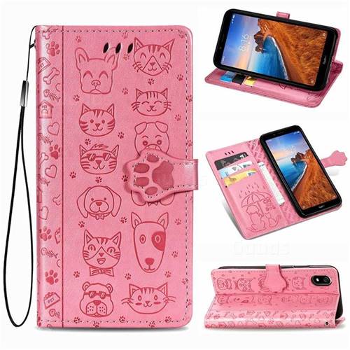Embossing Dog Paw Kitten and Puppy Leather Wallet Case for Mi Xiaomi Redmi 7A - Pink