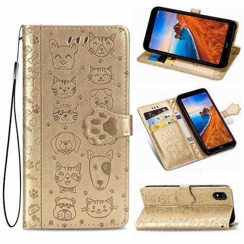 Embossing Dog Paw Kitten and Puppy Leather Wallet Case for Mi Xiaomi Redmi 7A - Champagne Gold