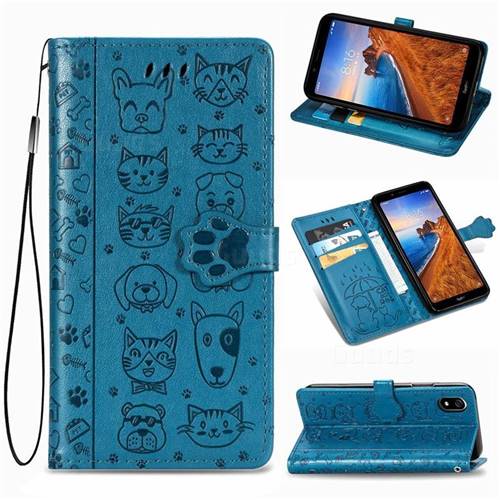 Embossing Dog Paw Kitten and Puppy Leather Wallet Case for Mi Xiaomi Redmi 7A - Blue