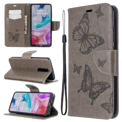 Embossing Double Butterfly Leather Wallet Case for Mi Xiaomi Redmi 8 - Gray